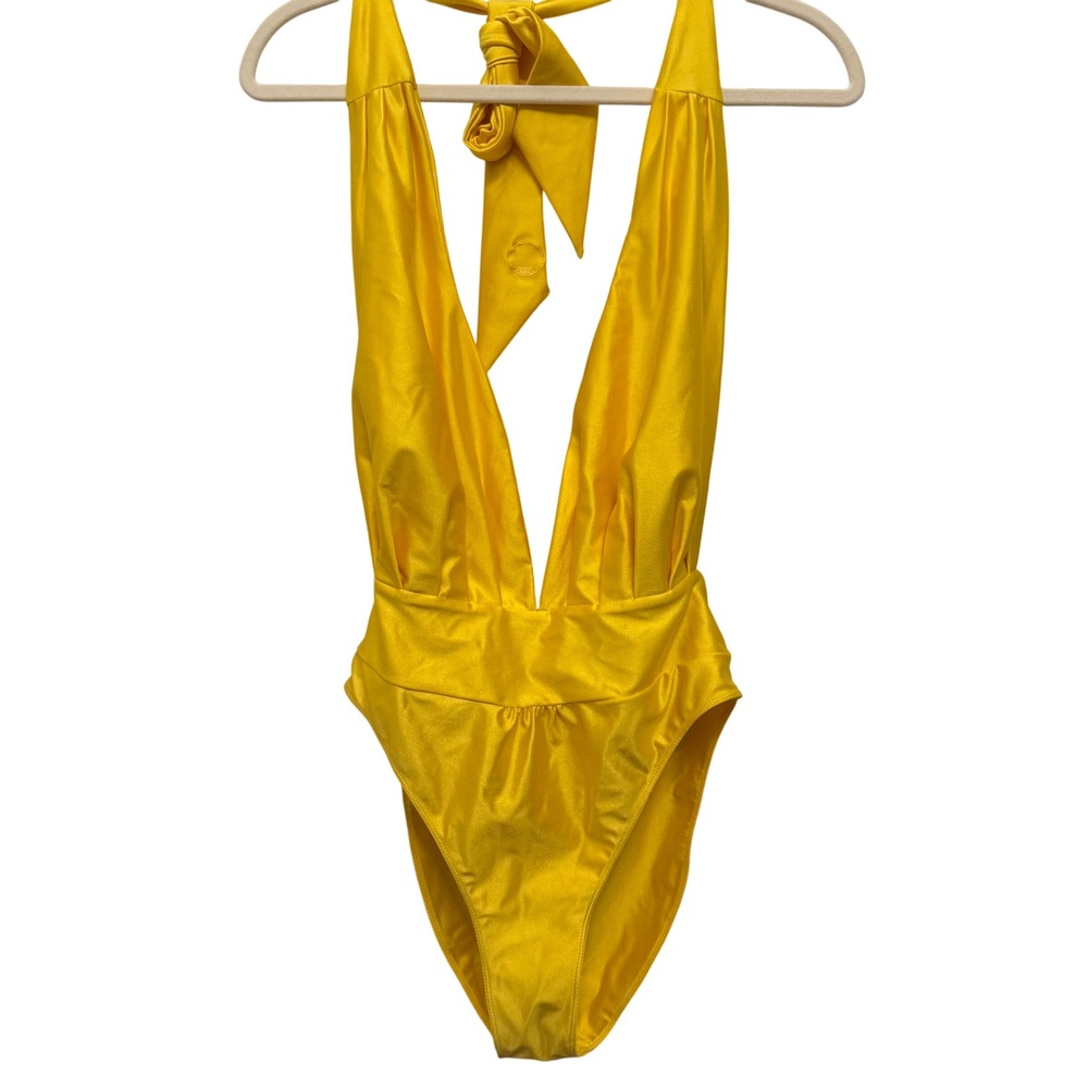 Milk the Goat Yellow Plunge Halter One Piece Swimsuit Slinky‎ Sexy-Medium